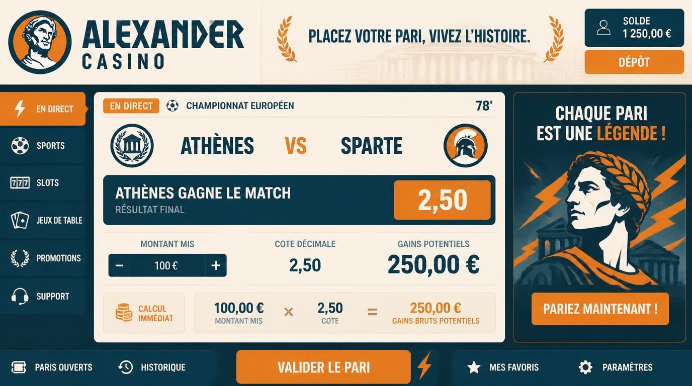 Interface affichant une cote décimale de 2,50 et gain potentiel