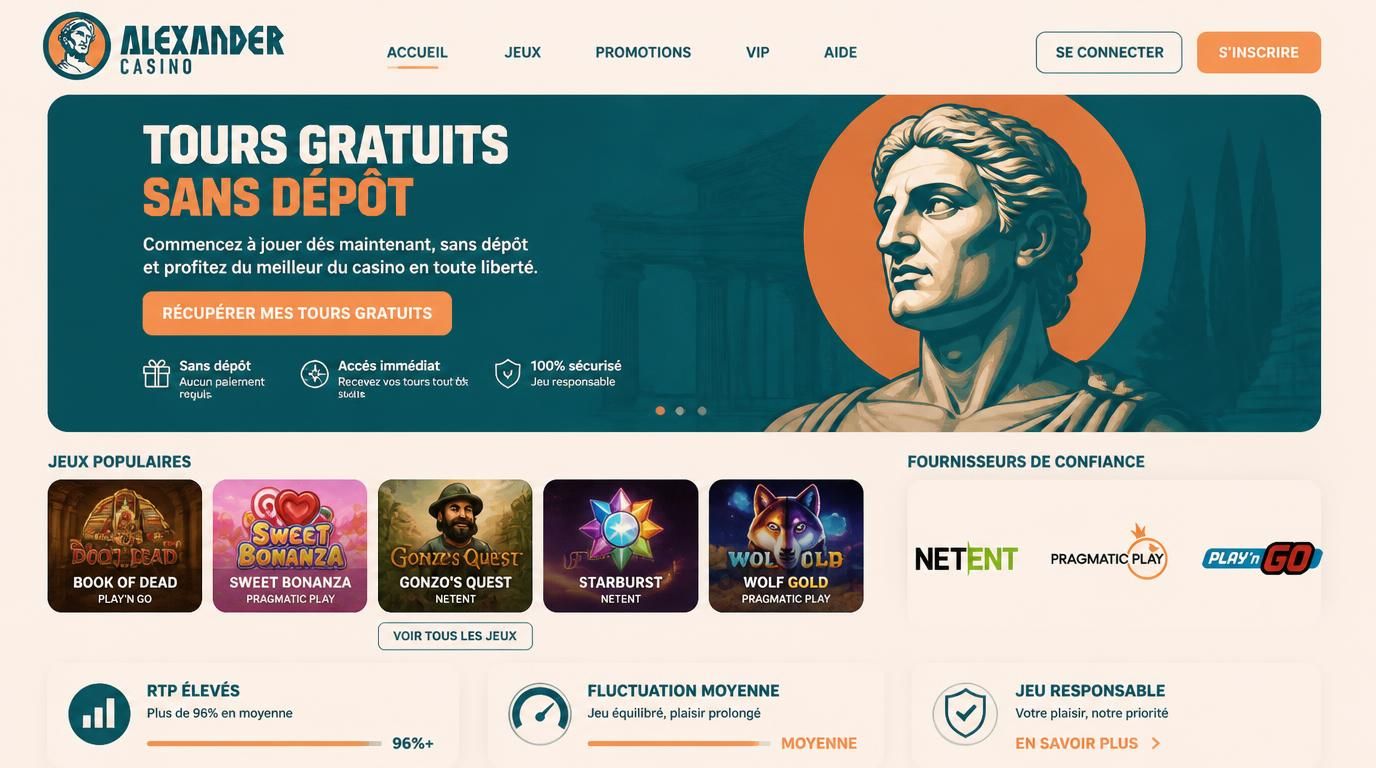 Interface casino affichant offres sans dépôt avec tours gratuits et logos des fournisseurs