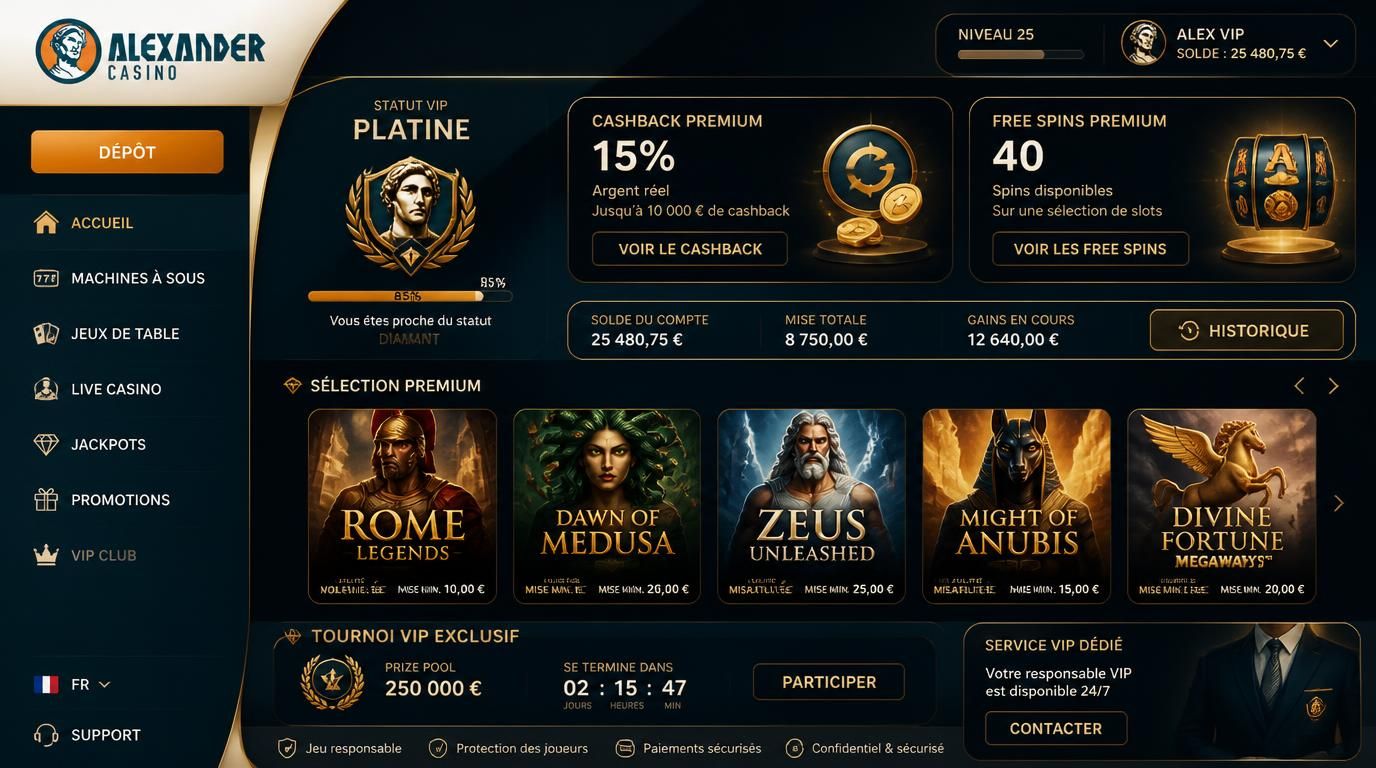 Interface VIP avec cashback, free spins premium et mises importantes